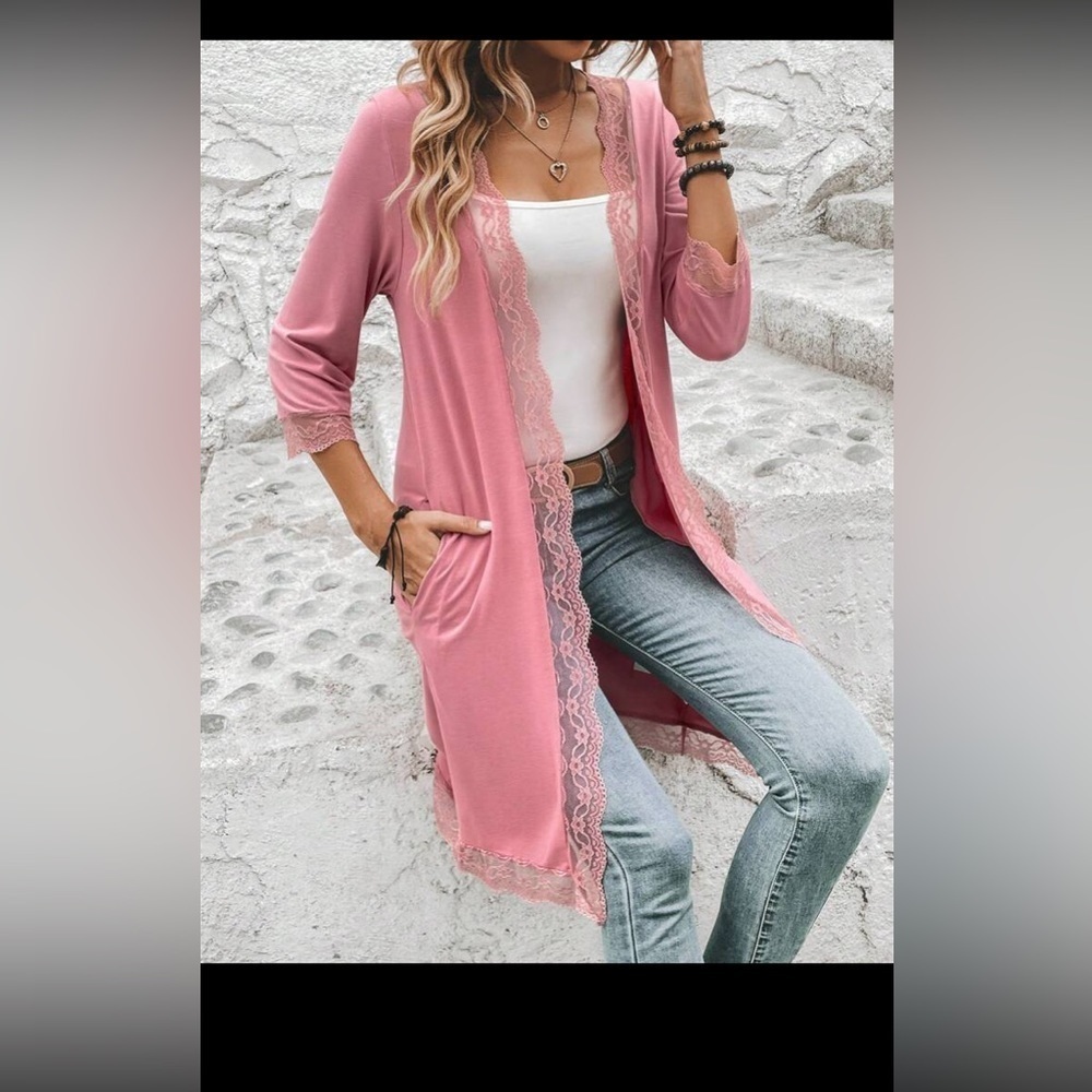 SHEIN LUNE Contrast Lace Open Front Coat size L NWT - Picture 3 of 16